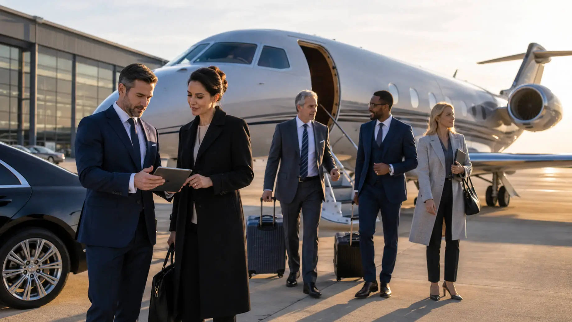 Executive boarding private aircraft